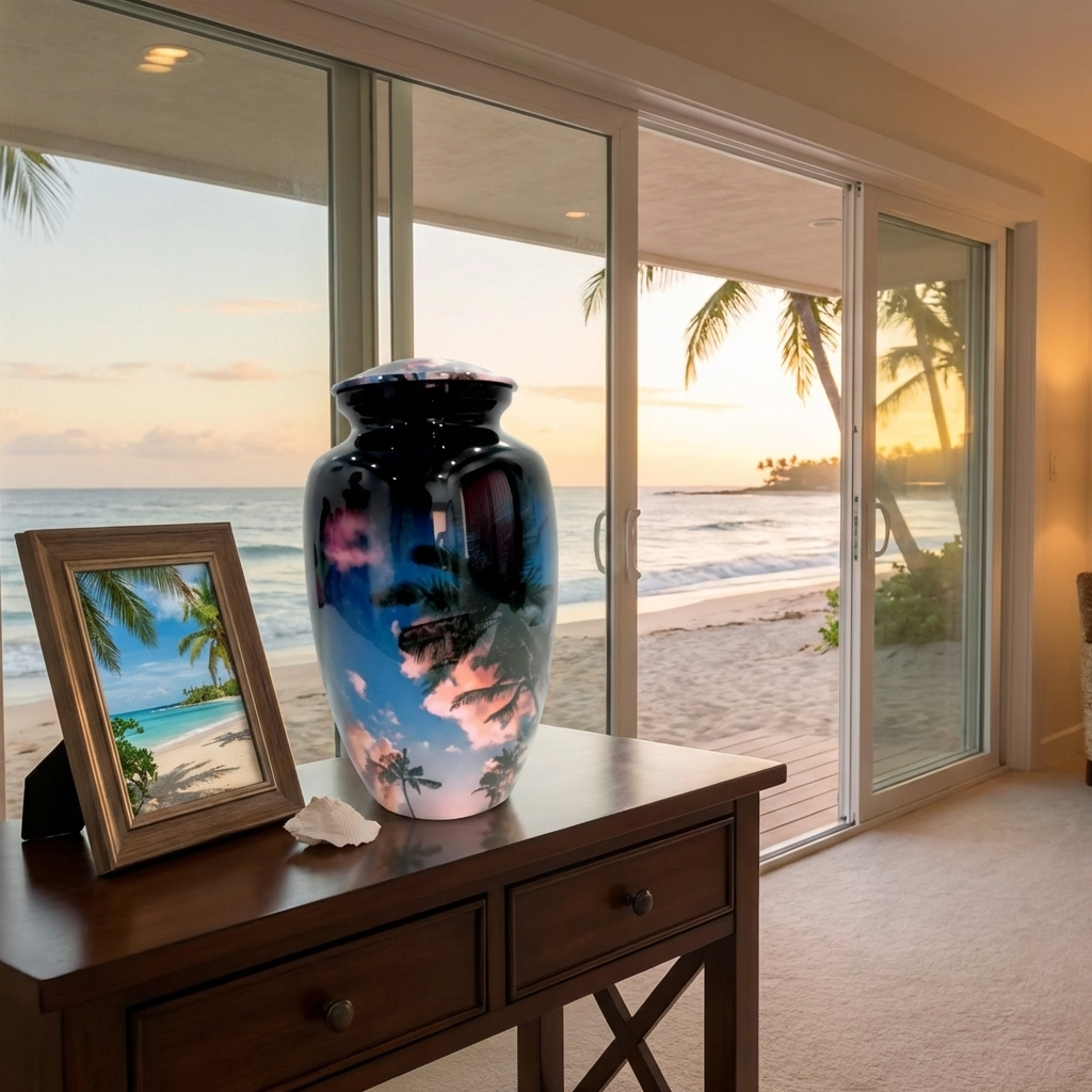 Adult Cremation Urn - Palm Trees and Blue Sky (product code: NUVSCT)