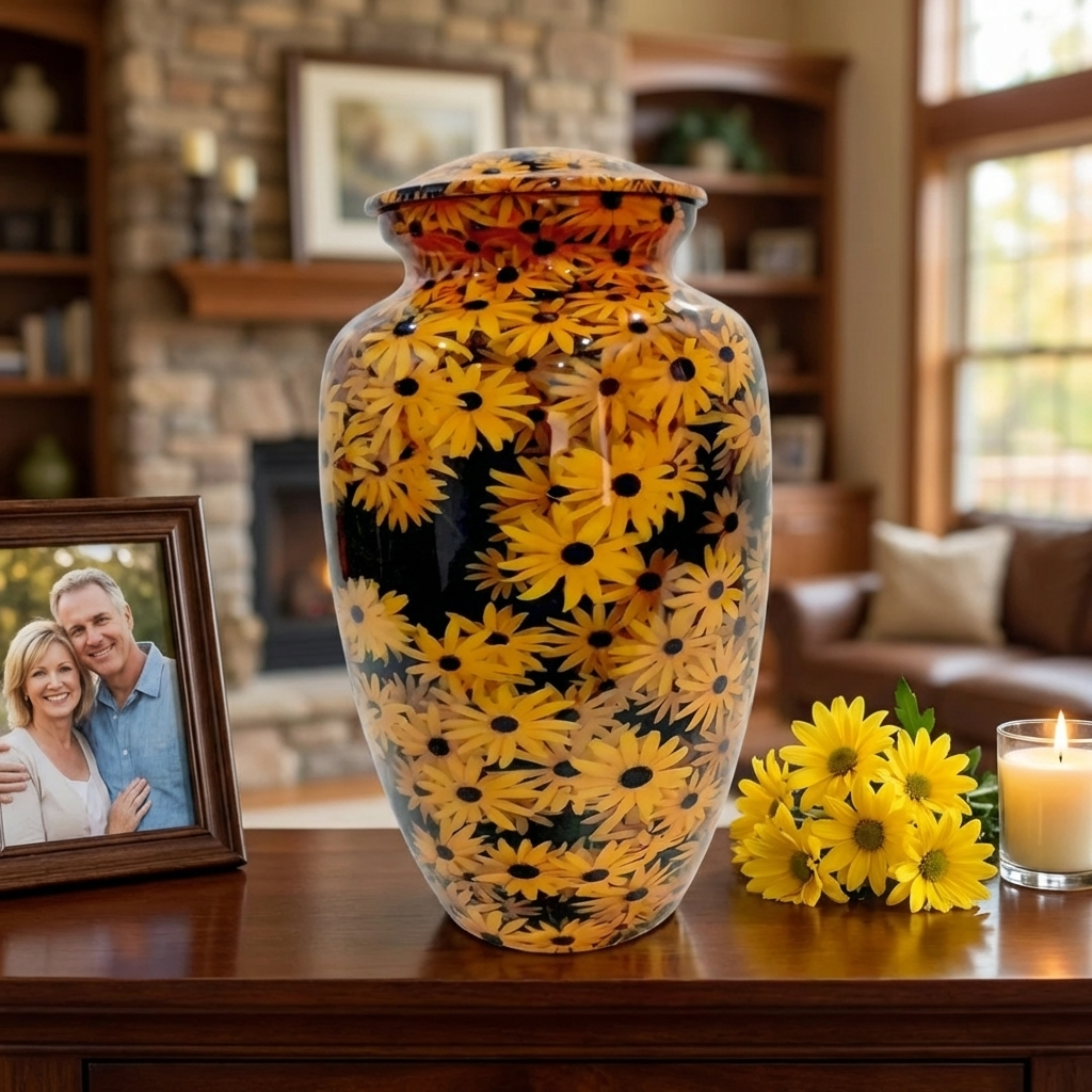 Adult Cremation Urn - Sunlit Sunflower on Black Gloss (product code: NUYS)