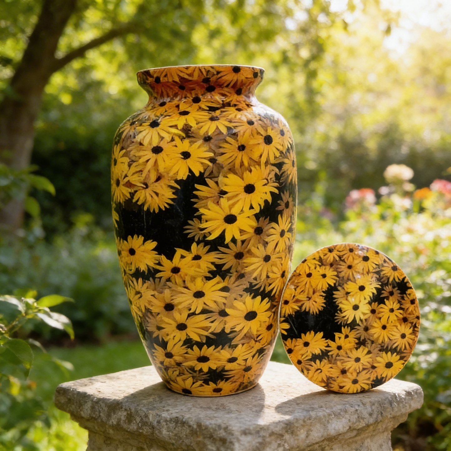 Adult Cremation Urn - Sunlit Sunflower on Black Gloss (product code: NUYS)