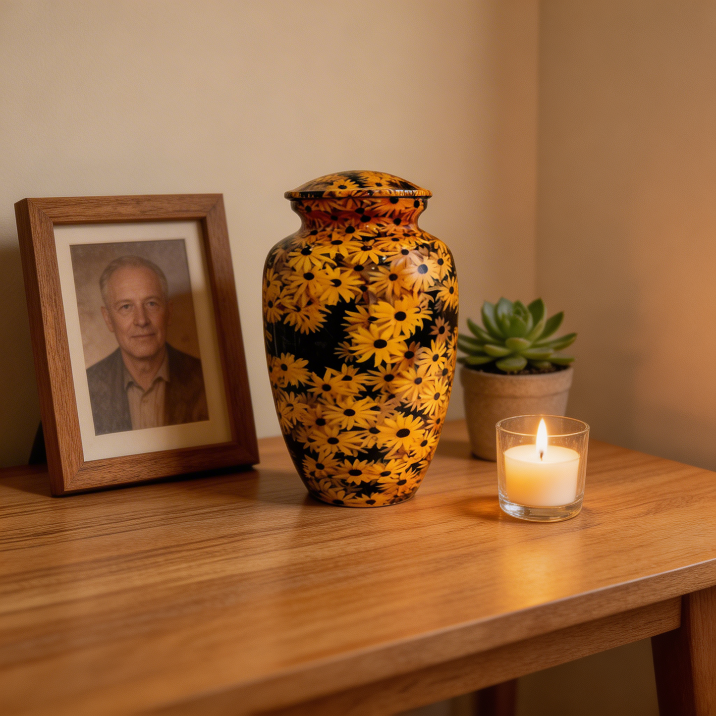 Adult Cremation Urn - Sunlit Sunflower on Black Gloss (product code: NUYS)