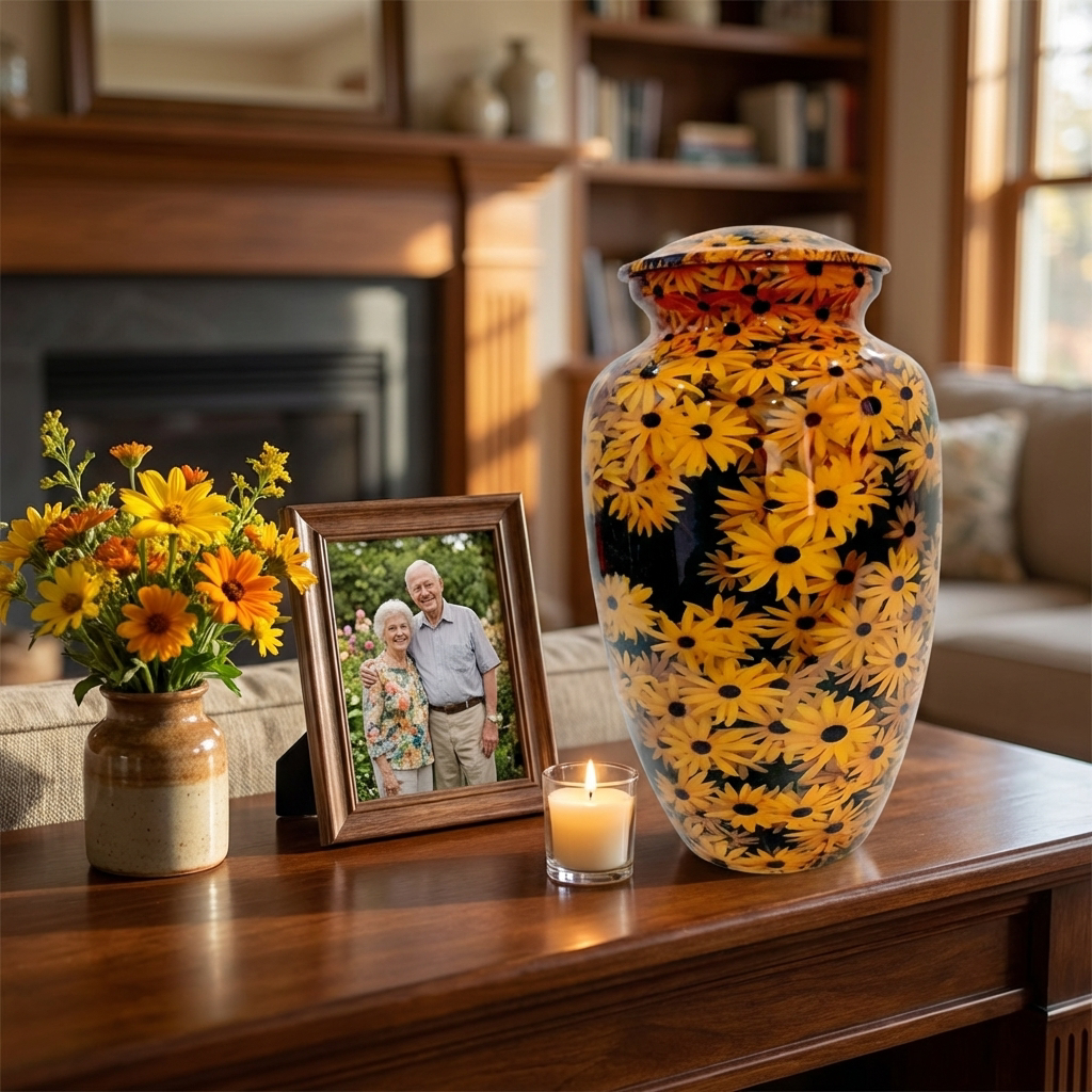 Adult Cremation Urn - Sunlit Sunflower on Black Gloss (product code: NUYS)