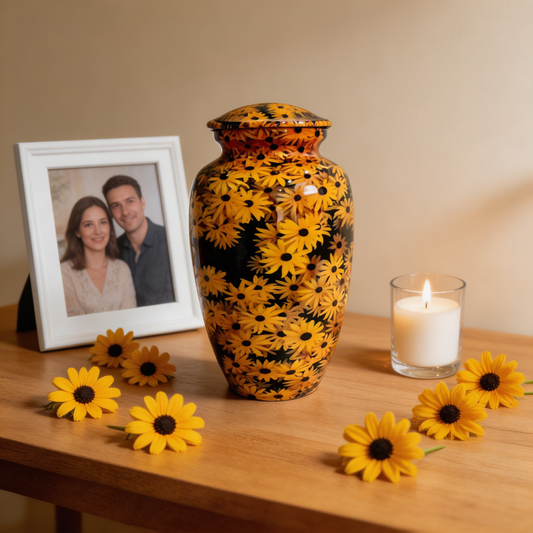 Adult Cremation Urn - Sunlit Sunflower on Black Gloss (product code: NUYS)