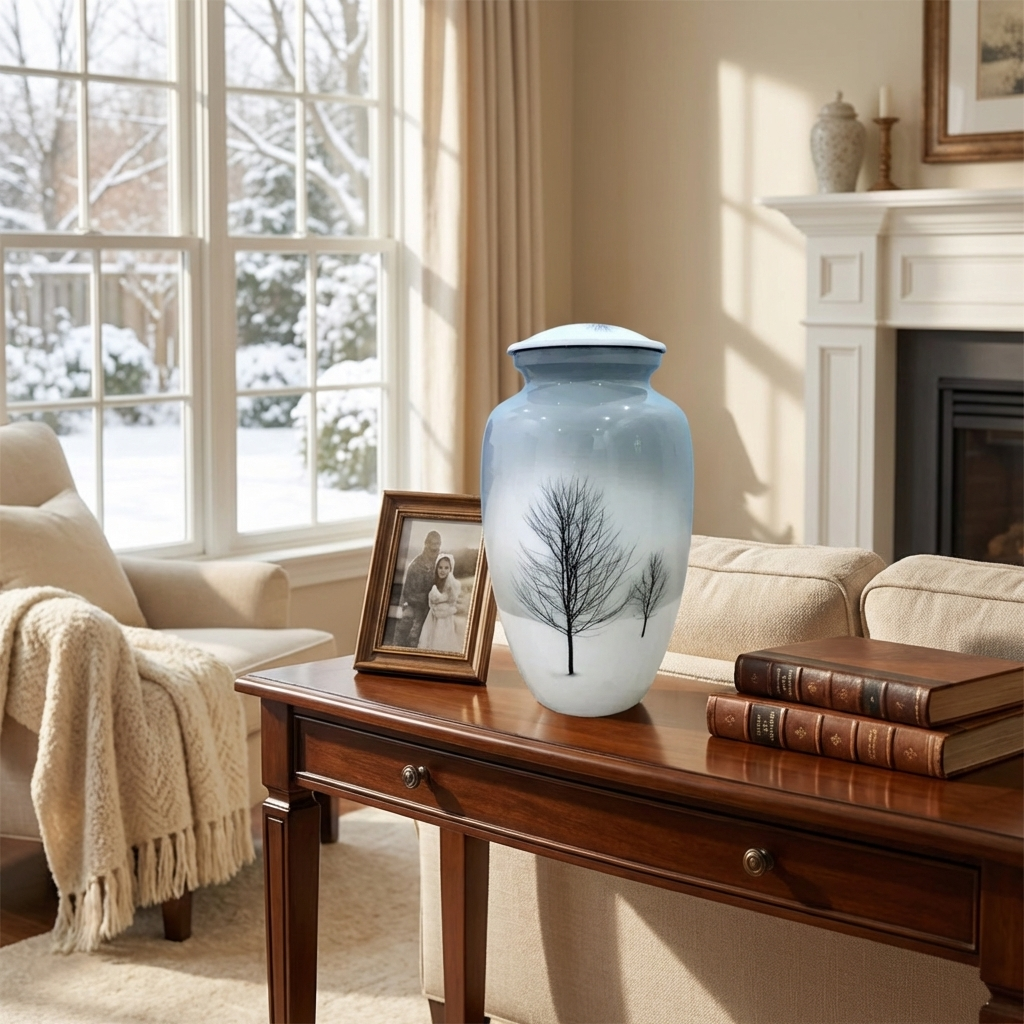 Adult Cremation Urn - Twin Trees in Snowy Field (product code NUTTSL)