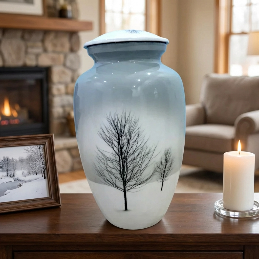 Adult Cremation Urn - Twin Trees in Snowy Field (product code NUTTSL)