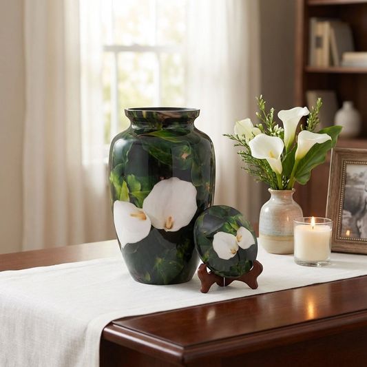 Adult Cremation Urn - White Flower on Green Leaves (product code: NUWPBL)
