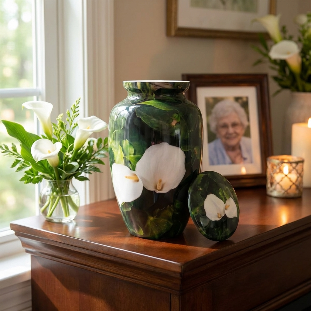 Adult Cremation Urn - White Flower on Green Leaves (product code: NUWPBL)