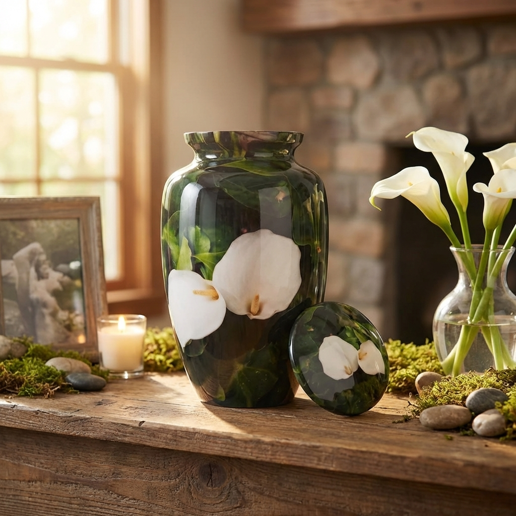 Adult Cremation Urn - White Flower on Green Leaves (product code: NUWPBL)