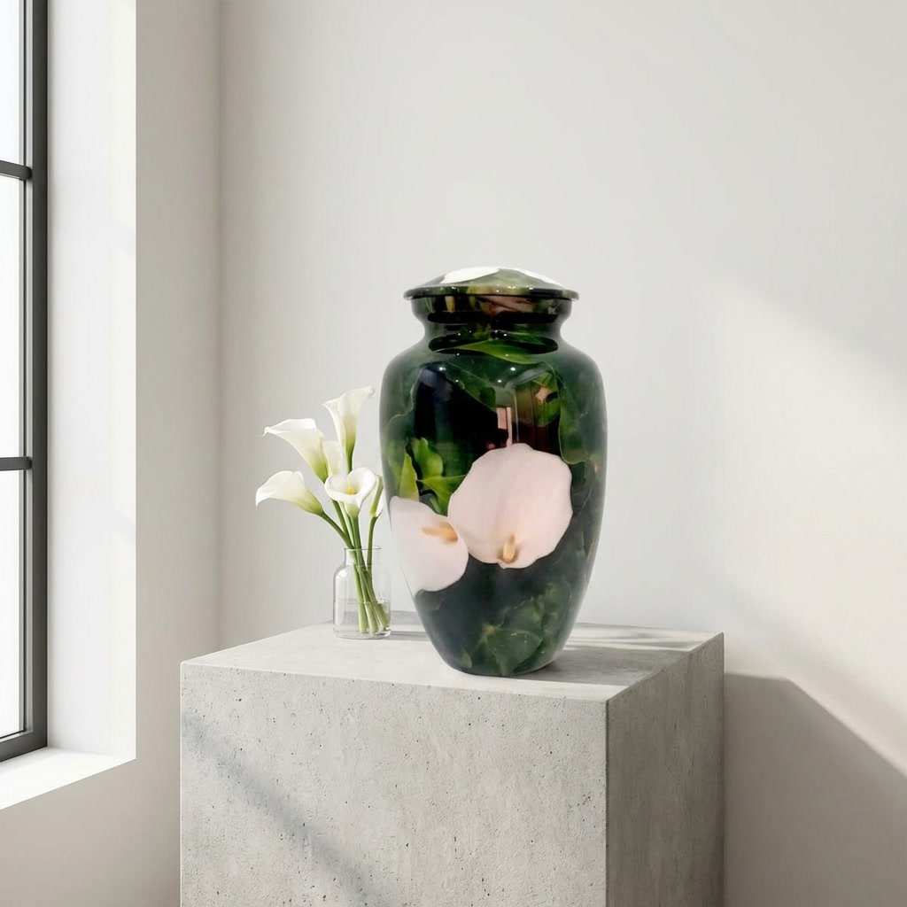 Adult Cremation Urn - White Flower on Green Leaves (product code: NUWPBL)