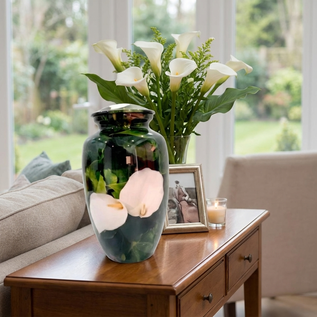 Adult Cremation Urn - White Flower on Green Leaves (product code: NUWPBL)