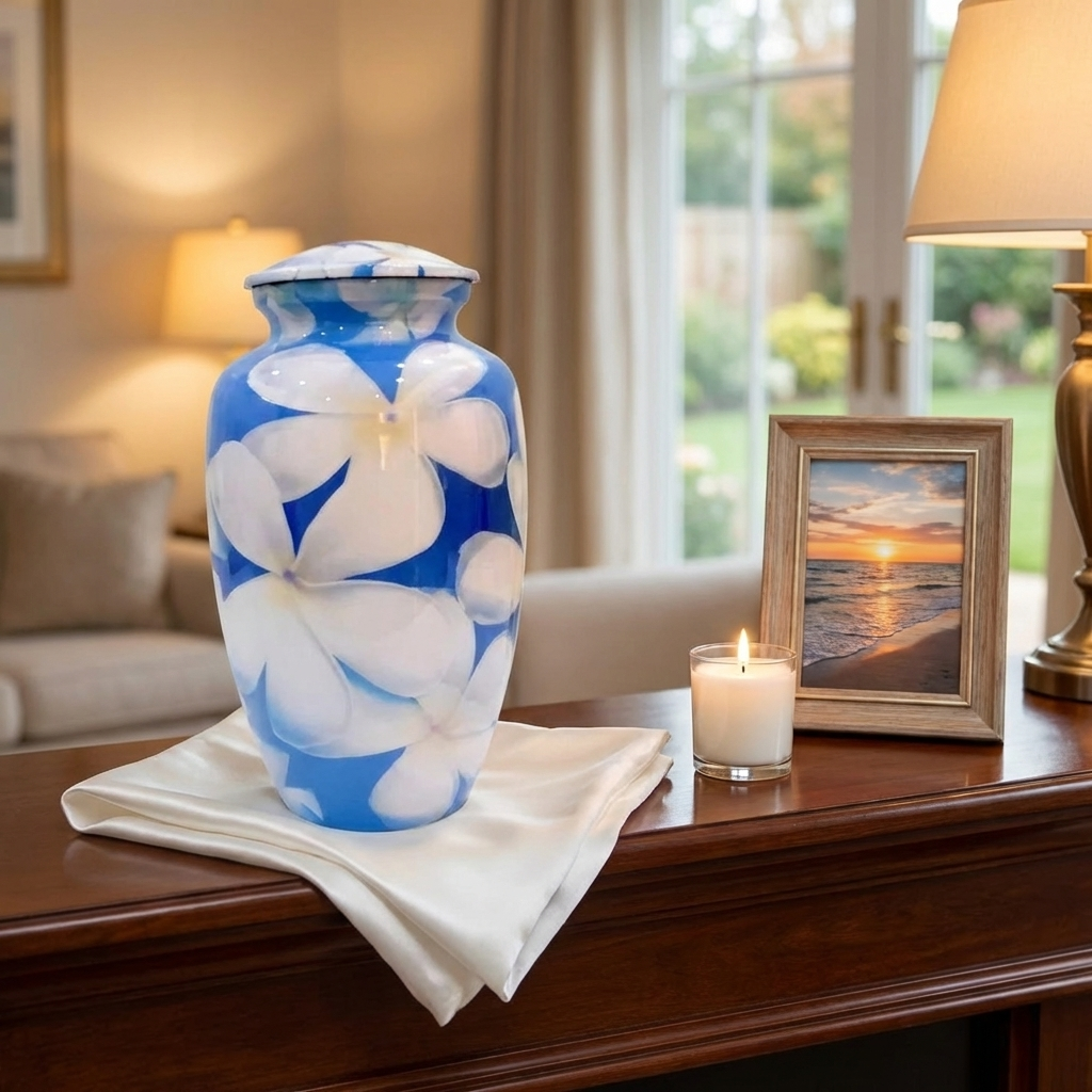 Adult Cremation Urn - White Flowers on Blue Background (product code: NUWFBW)