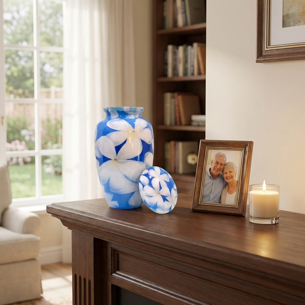 Adult Cremation Urn - White Flowers on Blue Background (product code: NUWFBW)