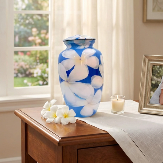 Adult Cremation Urn - White Flowers on Blue Background (product code: NUWFBW)