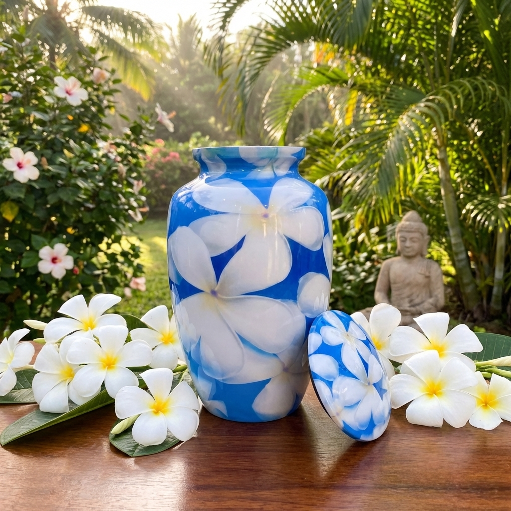 Adult Cremation Urn - White Flowers on Blue Background (product code: NUWFBW)