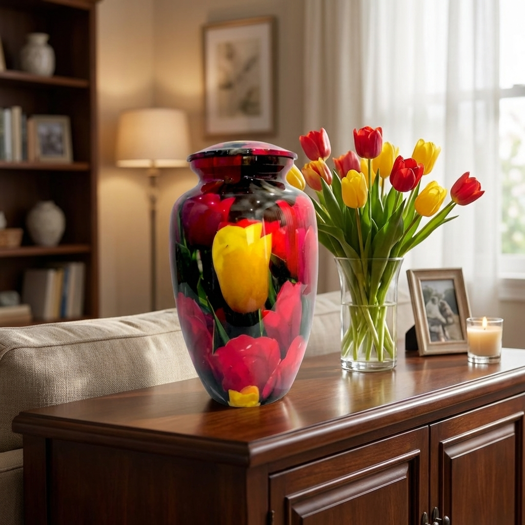 Adult Cremation Urn - Yellow Tulip Among Reds Design (product code: NUYTRT)