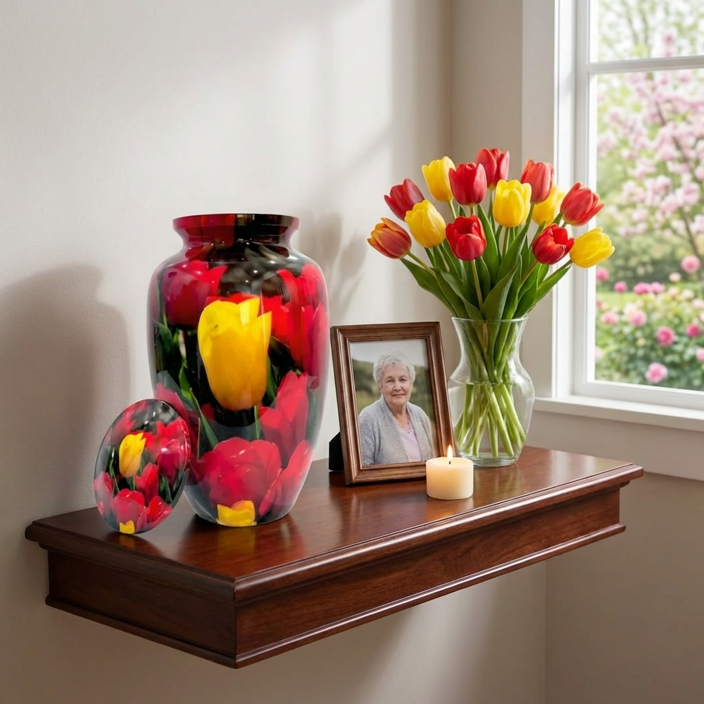 Adult Cremation Urn - Yellow Tulip Among Reds Design (product code: NUYTRT)