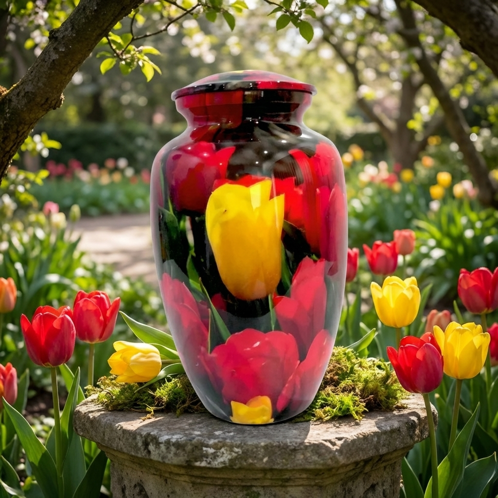 Adult Cremation Urn - Yellow Tulip Among Reds Design (product code: NUYTRT)