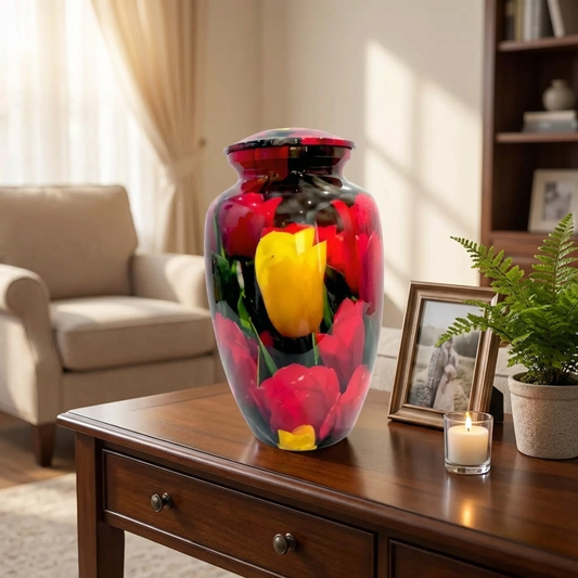 Adult Cremation Urn - Yellow Tulip Among Reds Design (product code: NUYTRT)