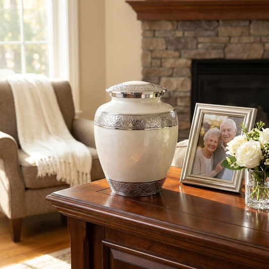 Adult Cremation Urn Aluminum Elegant White Finish & Engraved Ornament Design (Product Code NUEWEO-A)