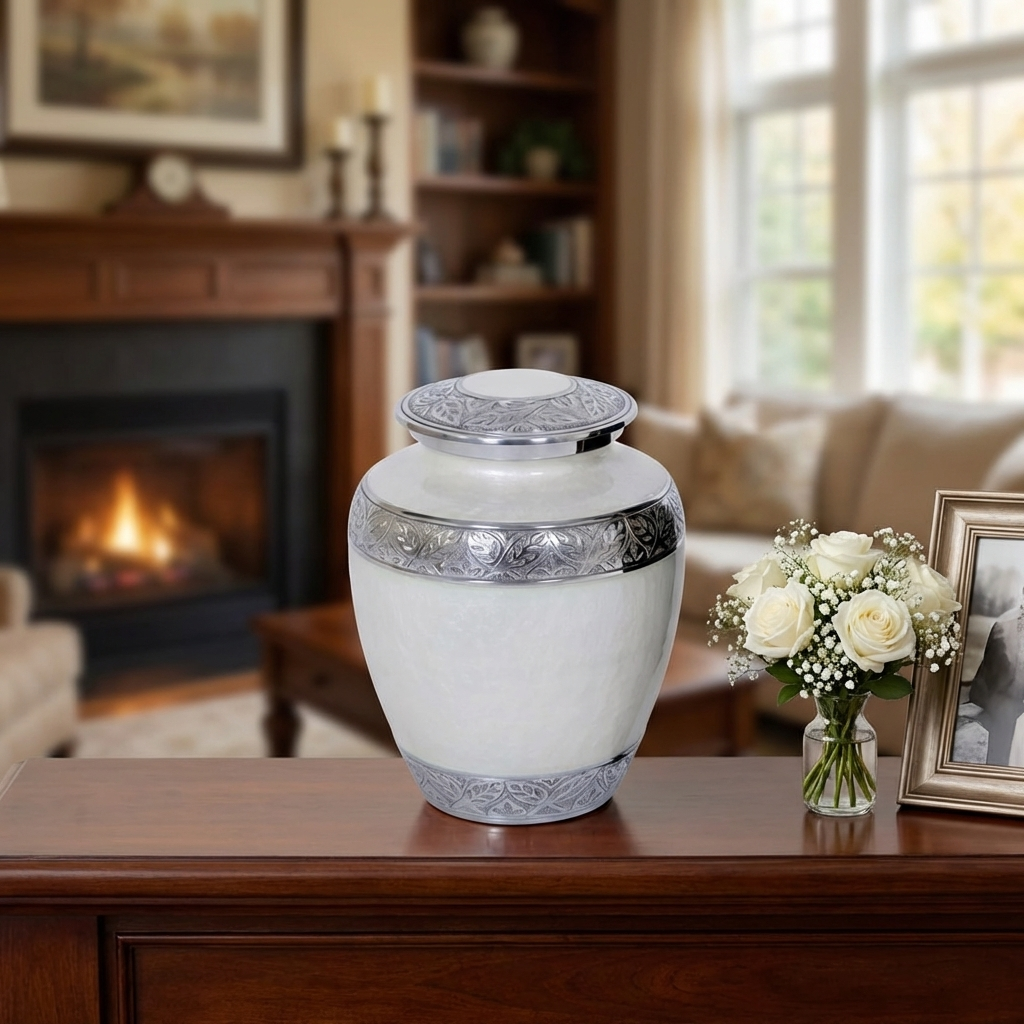 Adult Cremation Urn Aluminum Elegant White Finish & Engraved Ornament Design (Product Code NUEWEO-A)