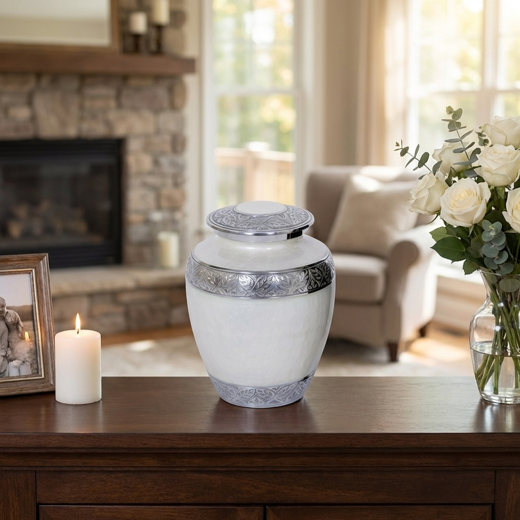 Adult Cremation Urn Aluminum Elegant White Finish & Engraved Ornament Design (Product Code NUEWEO-A)