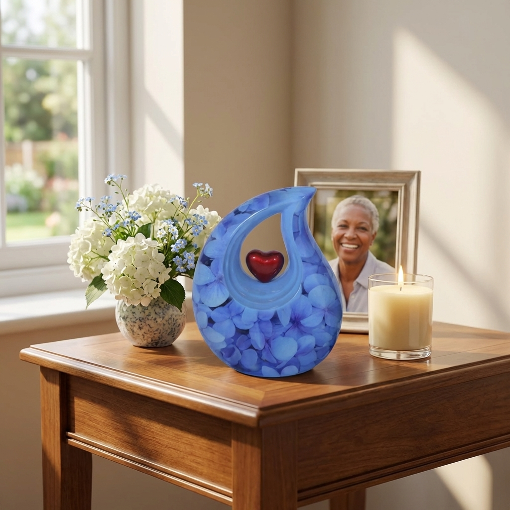 Adult Cremation Urn Aluminum Teardrop Design Blue Floral & Red Heart Centerpiece (Product Code NUENPEL-A)