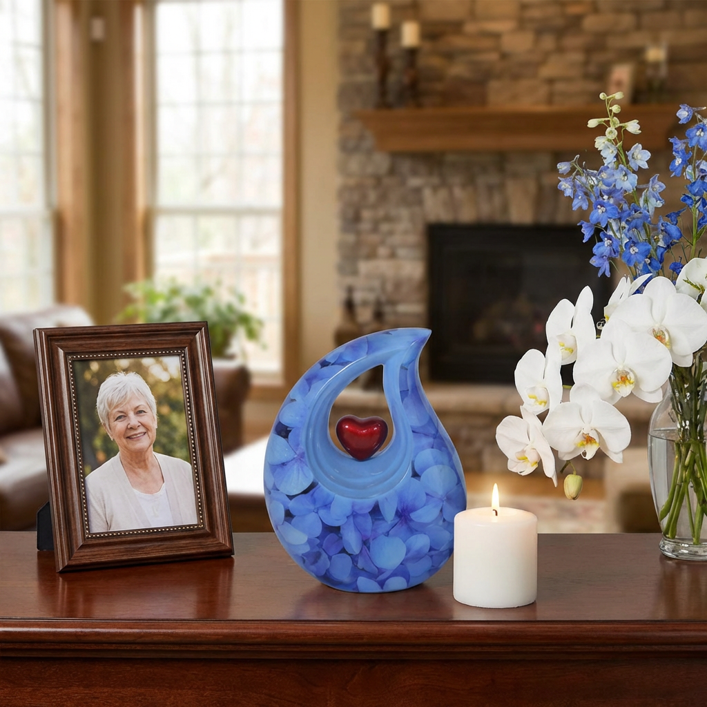 Adult Cremation Urn Aluminum Teardrop Design Blue Floral & Red Heart Centerpiece (Product Code NUENPEL-A)