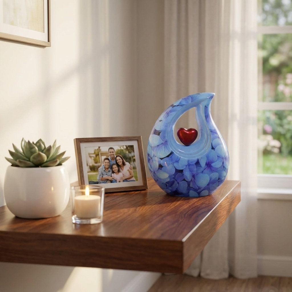 Adult Cremation Urn Aluminum Teardrop Design Blue Floral & Red Heart Centerpiece (Product Code NUENPEL-A)