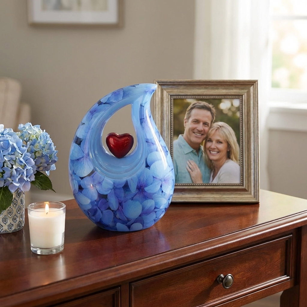 Adult Cremation Urn Aluminum Teardrop Design Blue Floral & Red Heart Centerpiece (Product Code NUENPEL-A)