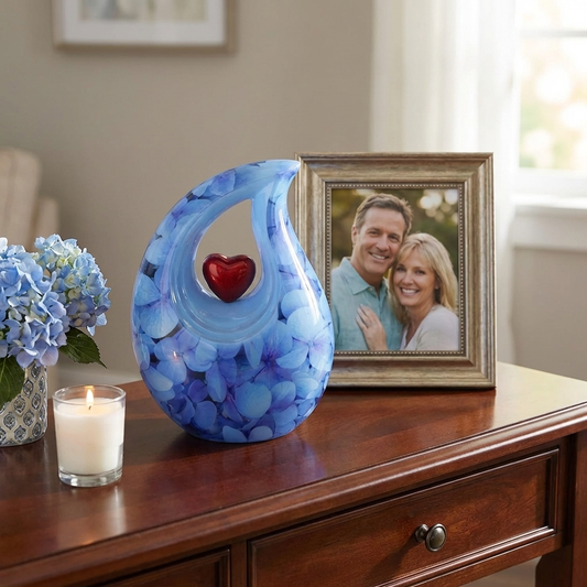 Adult Cremation Urn Aluminum Teardrop Design Blue Floral & Red Heart Centerpiece (Product Code NUENPEL-A)