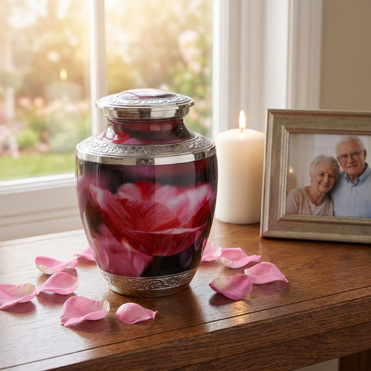 Adult Cremation Urn Aluminum with Pink Finish and Engraved Accents (Product Code NUPFI-A)