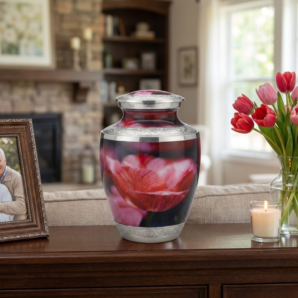 Adult Cremation Urn Aluminum with Pink Finish and Engraved Accents (Product Code NUPFI-A)