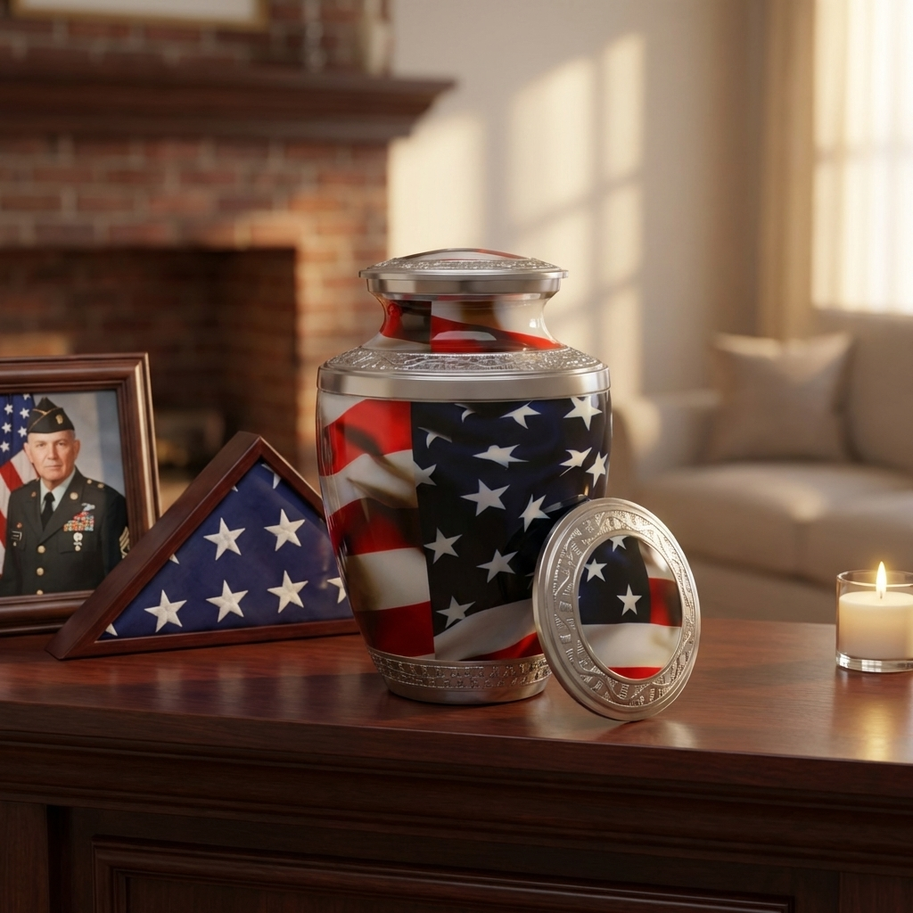 Adult Cremation Urn American Flag Design with velvet bag - (Product Code NUAF-A)