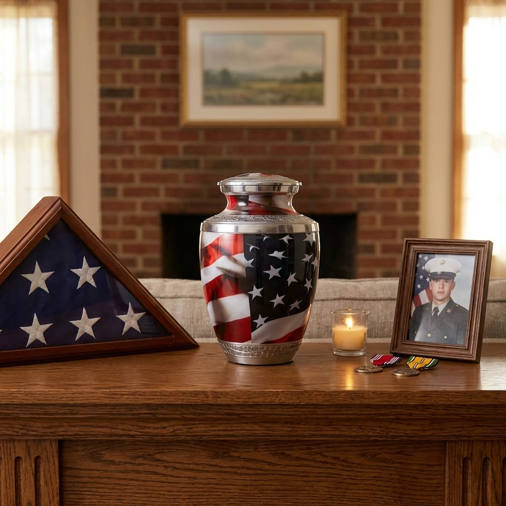 Adult Cremation Urn American Flag Design with velvet bag - (Product Code NUAF-A)