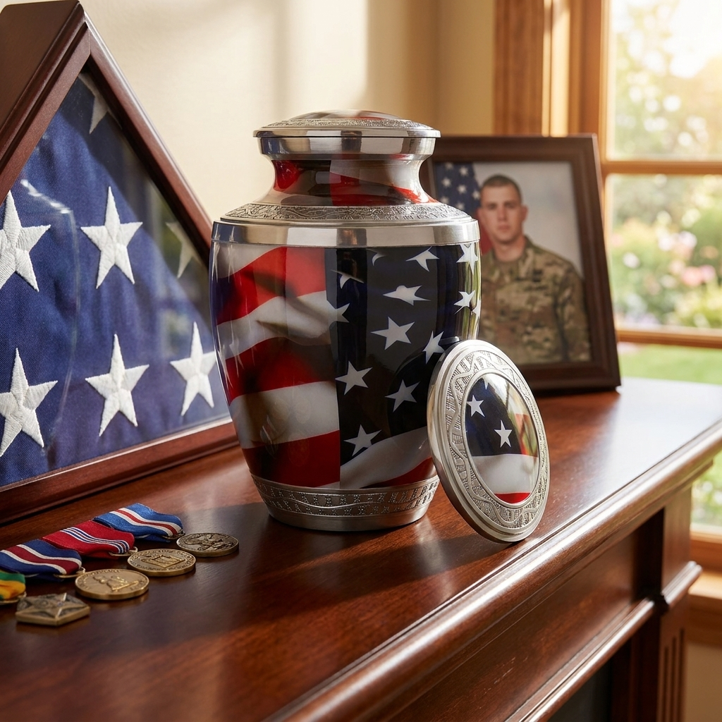 Adult Cremation Urn American Flag Design with velvet bag - (Product Code NUAF-A)