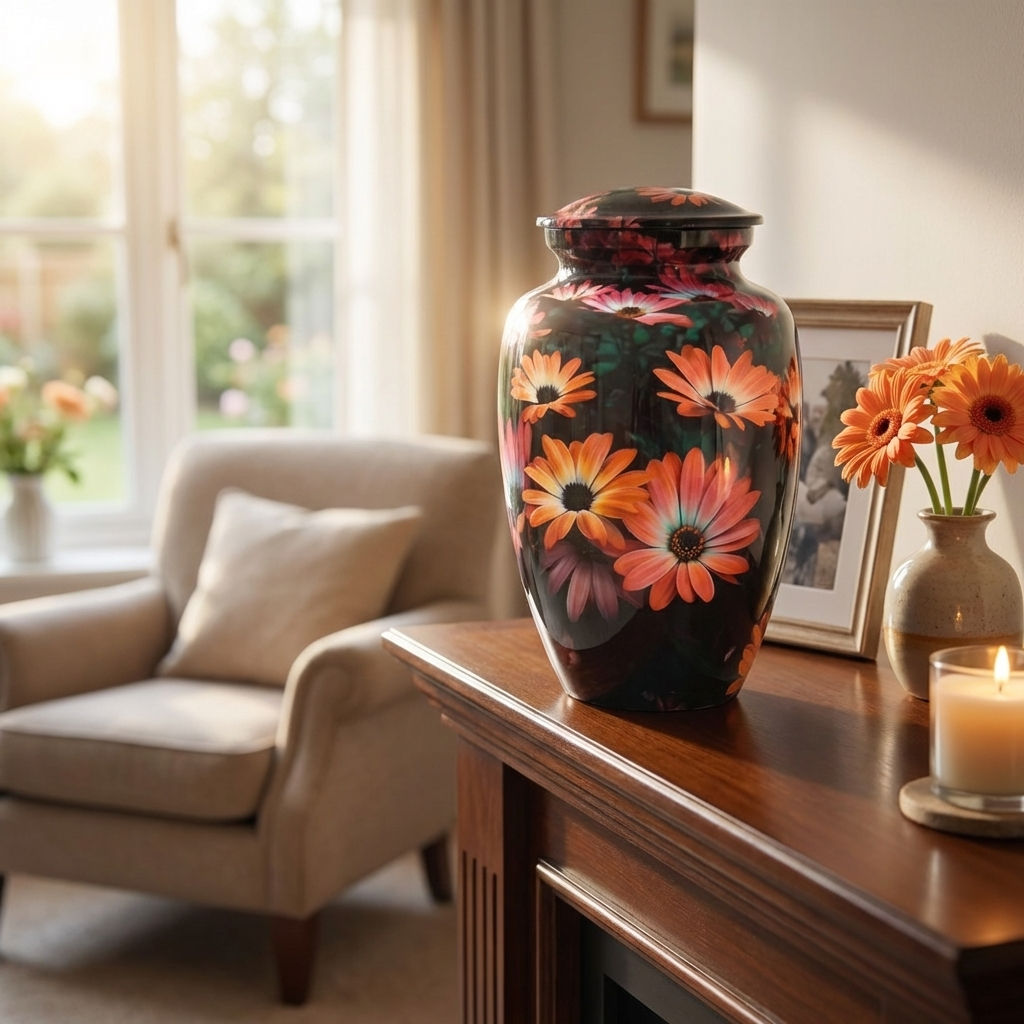 Adult Cremation Urn Black with Orange Floral Blossom Design & Velvet Bag (Product Code NUBSF)