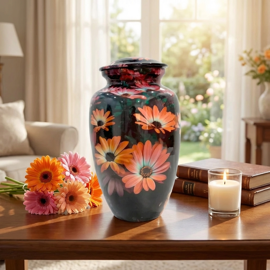 Adult Cremation Urn Black with Orange Floral Blossom Design & Velvet Bag (Product Code NUBSF)