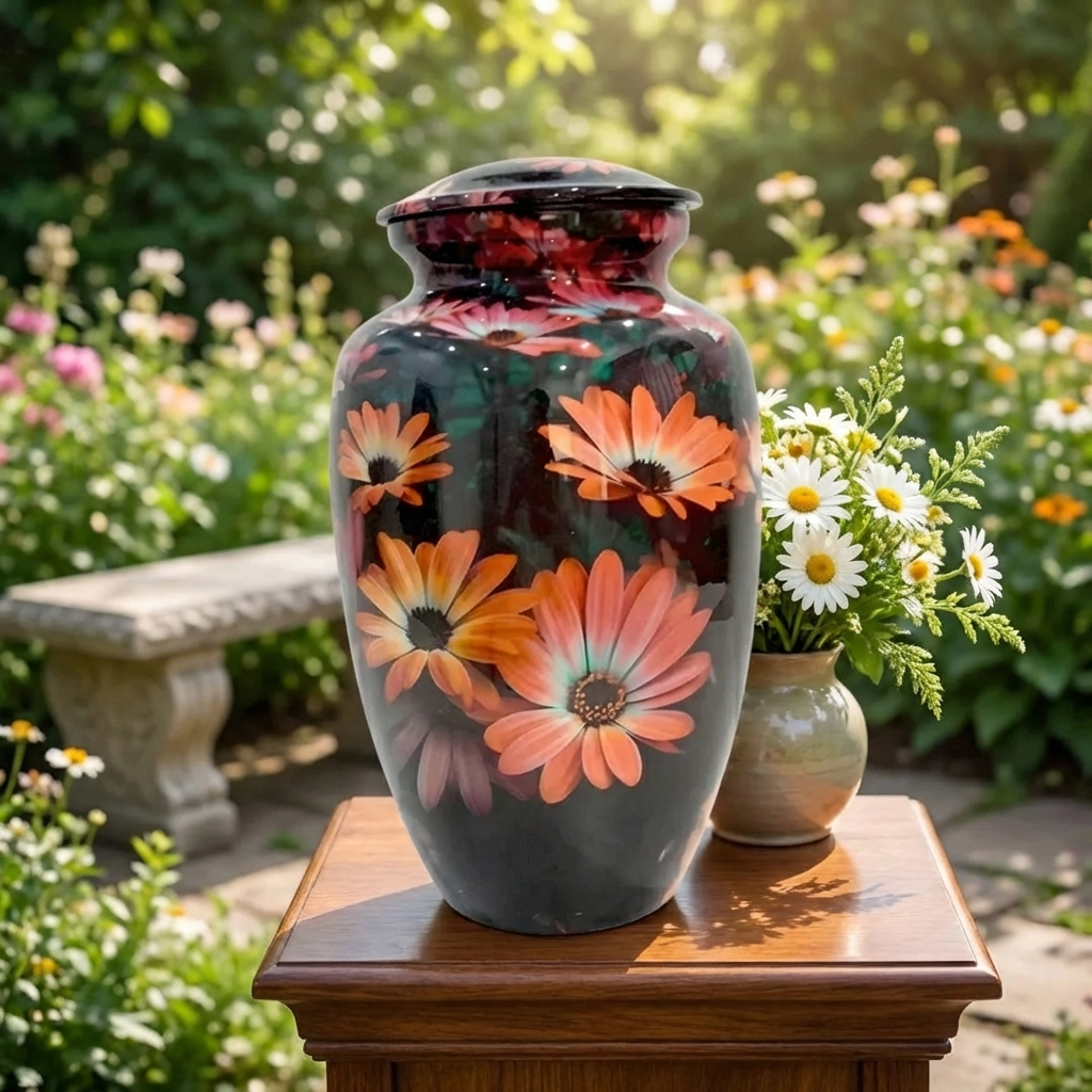 Adult Cremation Urn Black with Orange Floral Blossom Design & Velvet Bag (Product Code NUBSF)