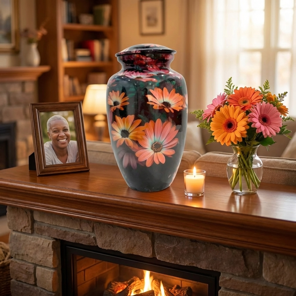 Adult Cremation Urn Black with Orange Floral Blossom Design & Velvet Bag (Product Code NUBSF)