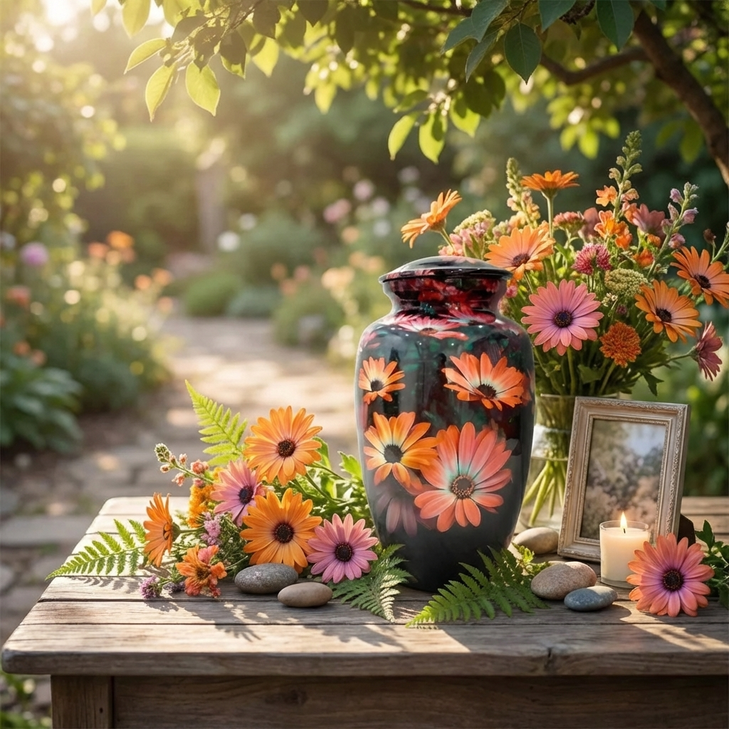 Adult Cremation Urn Black with Orange Floral Blossom Design & Velvet Bag (Product Code NUBSF)