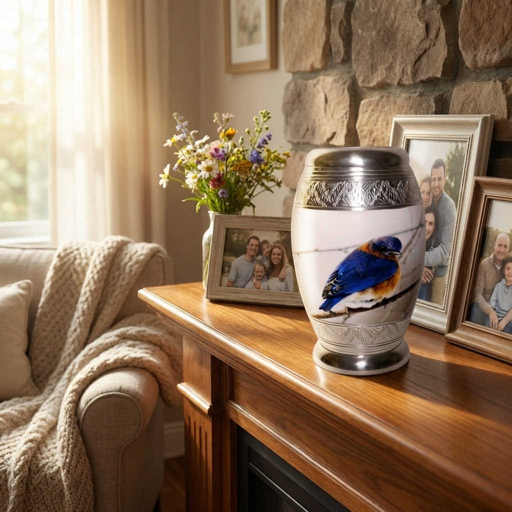 Adult Cremation Urn Blue and Brown Bird Design (Product Code NUBT-A)