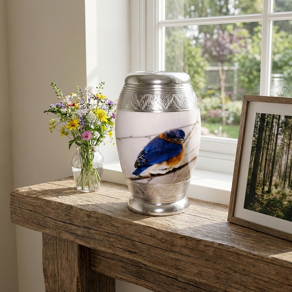 Adult Cremation Urn Blue and Brown Bird Design (Product Code NUBT-A)