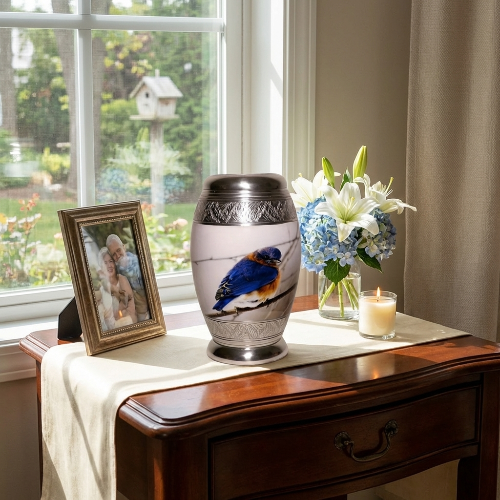 Adult Cremation Urn Blue and Brown Bird Design (Product Code NUBT-A)