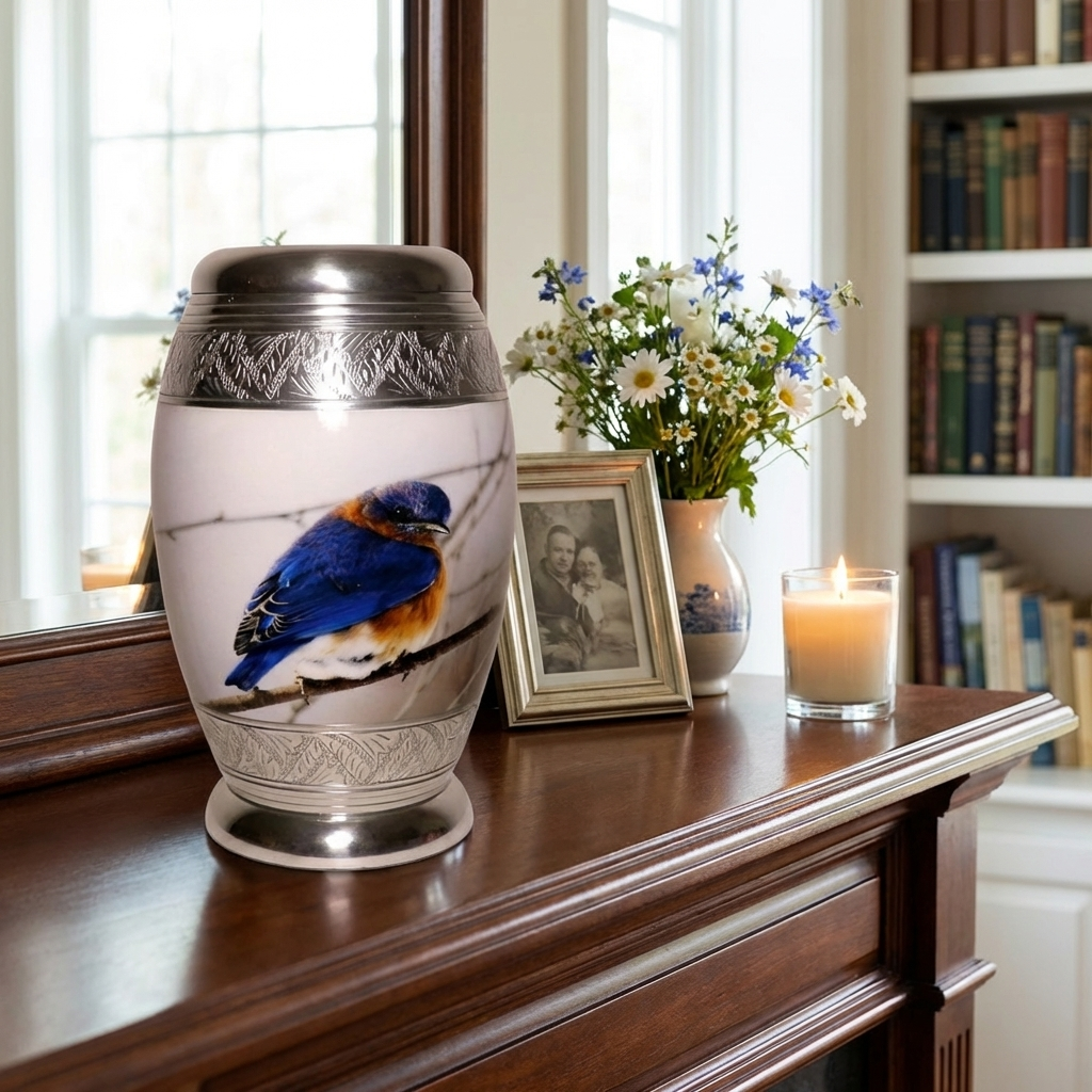 Adult Cremation Urn Blue and Brown Bird Design (Product Code NUBT-A)