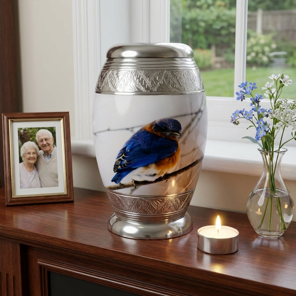 Adult Cremation Urn Blue and Brown Bird Design (Product Code NUBT-A)