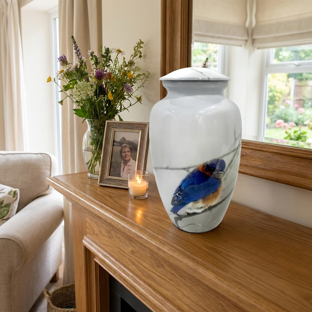 Adult Cremation Urn Blue Bird Design in White Gloss Finish (Product Code NUPBF)
