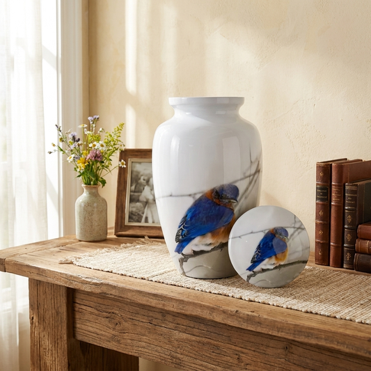 Adult Cremation Urn Blue Bird Design in White Gloss Finish (Product Code NUPBF)