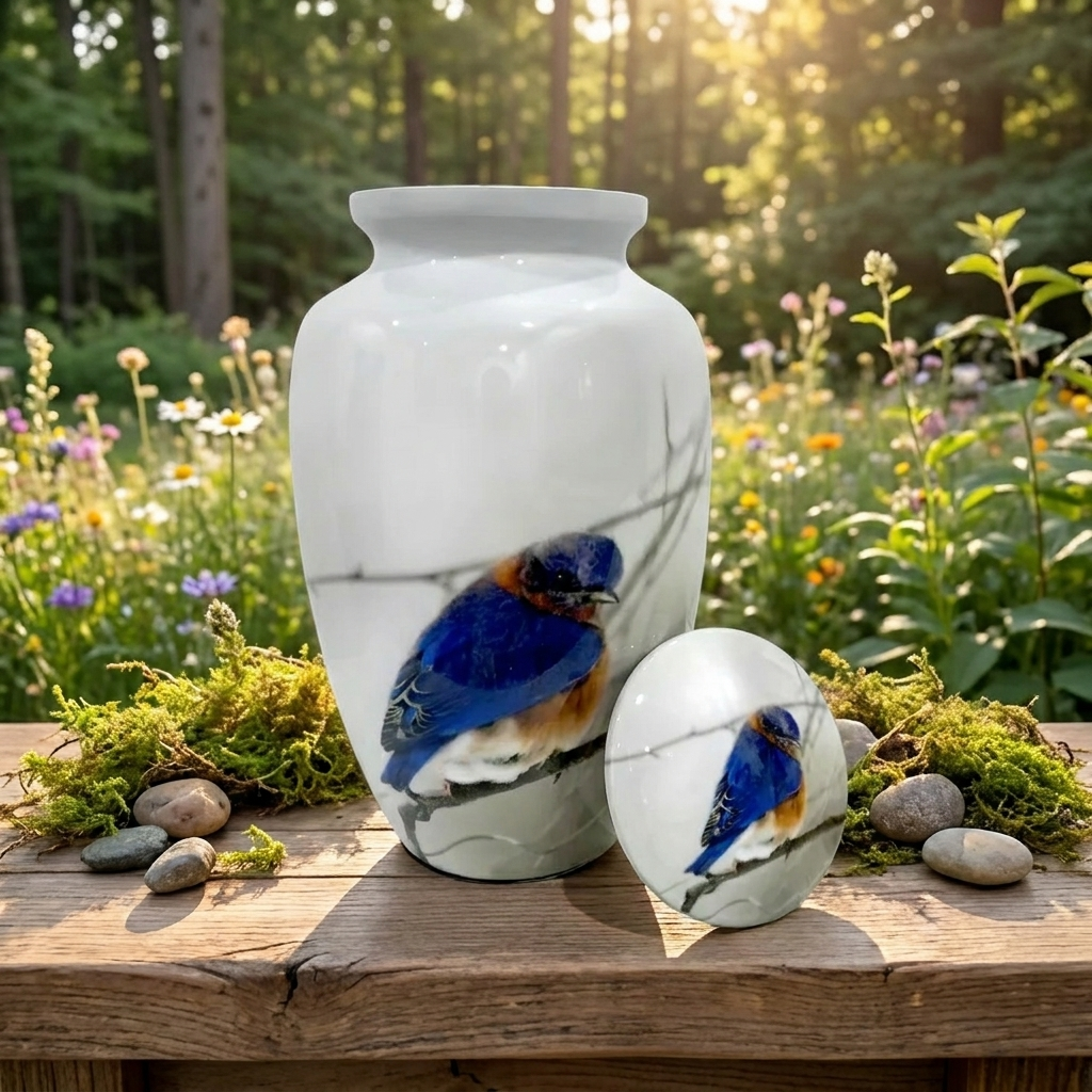 Adult Cremation Urn Blue Bird Design in White Gloss Finish (Product Code NUPBF)