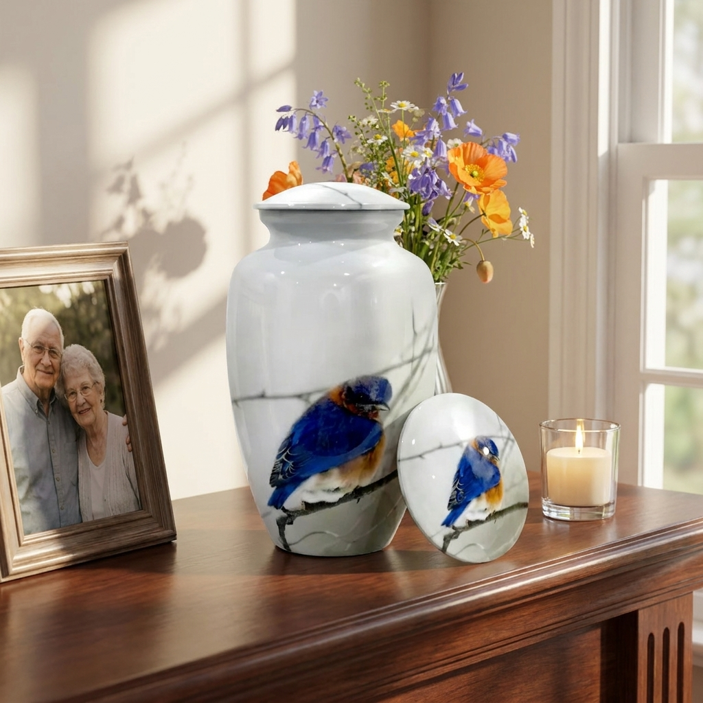 Adult Cremation Urn Blue Bird Design in White Gloss Finish (Product Code NUPBF)