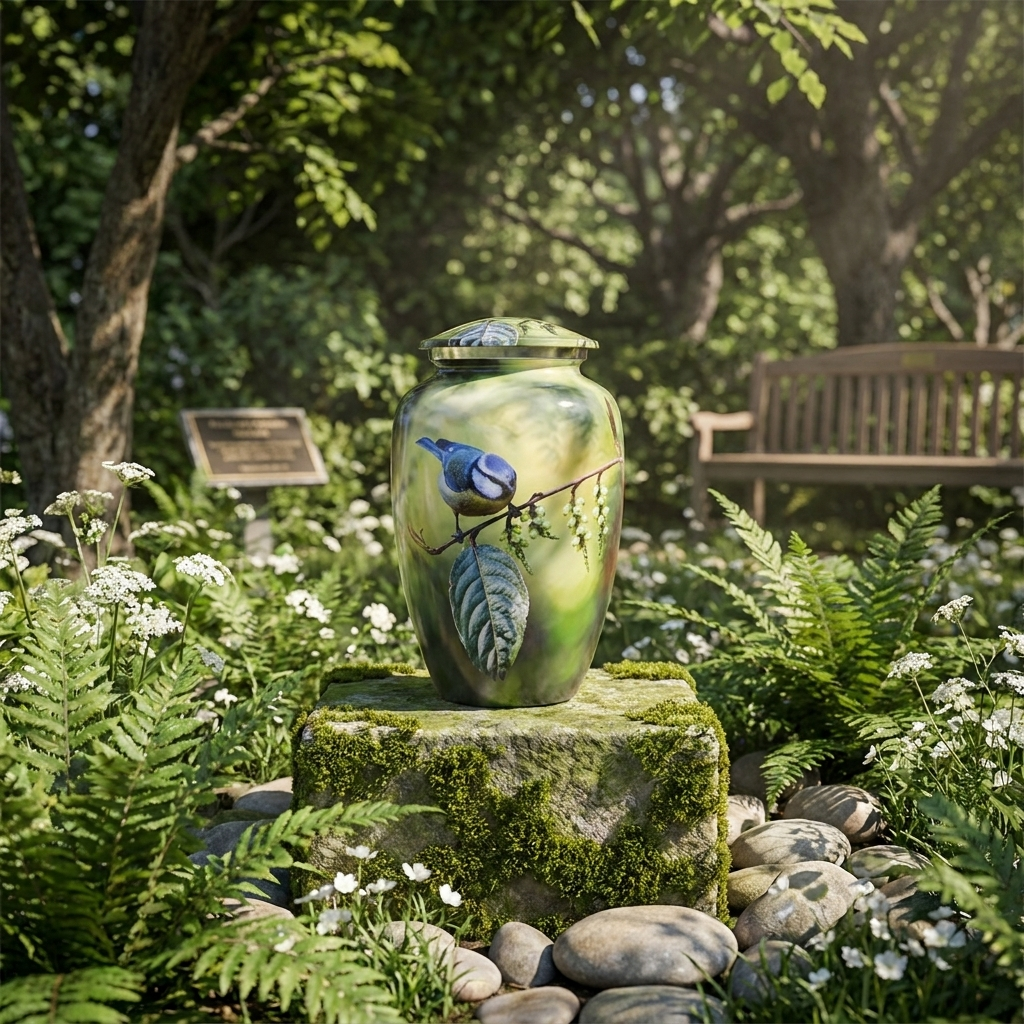 Adult Cremation Urn Blue Bird Perched On Branch Design with Velvet Bag (Product Code: NUBO-A)