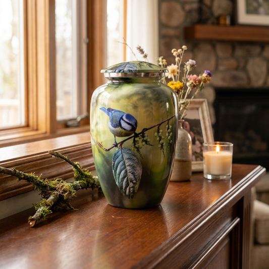 Adult Cremation Urn Blue Bird Perched On Branch Design with Velvet Bag (Product Code: NUBO-A)